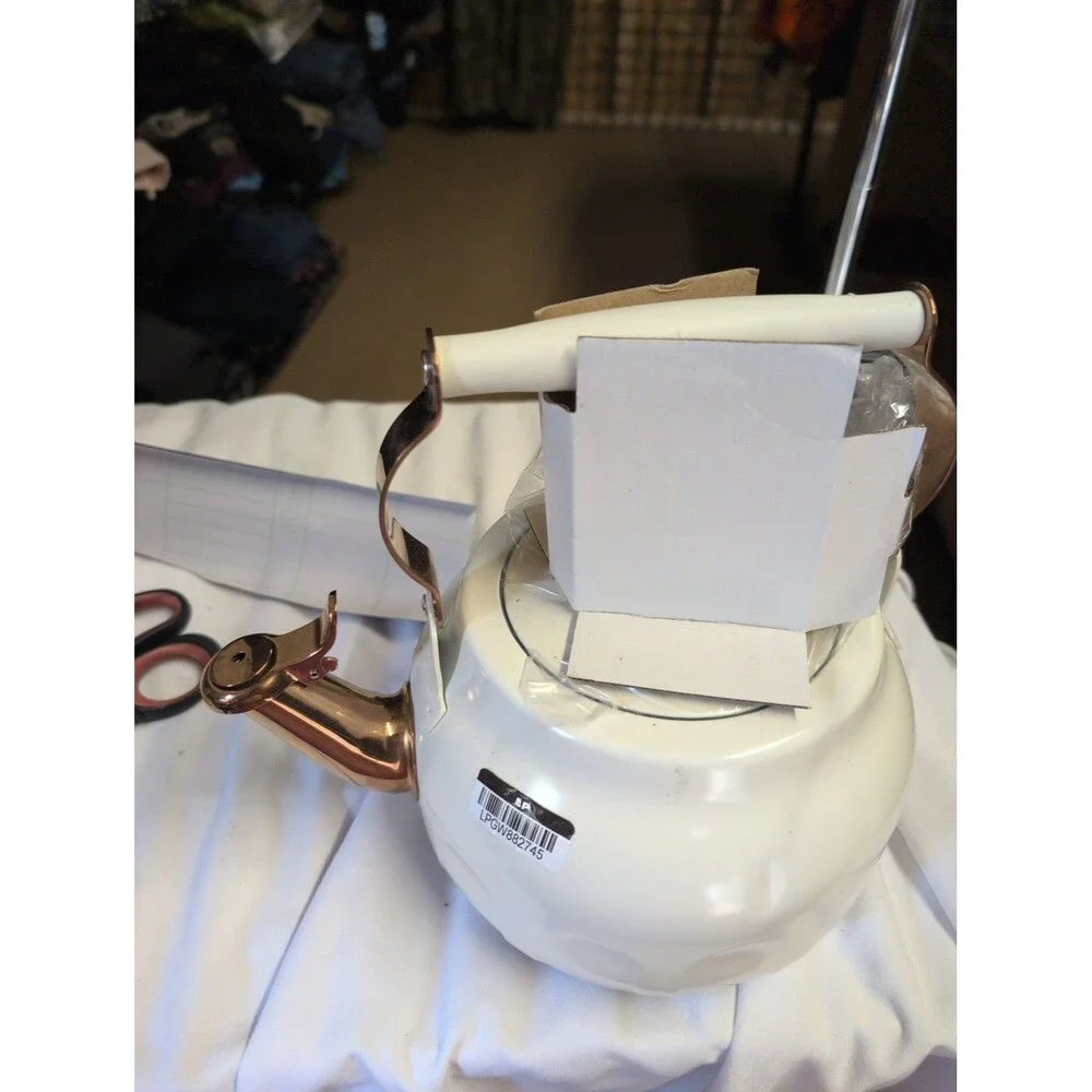 White Enamel Tea Kettle with Copper Spout - 25% Off 5+ Items